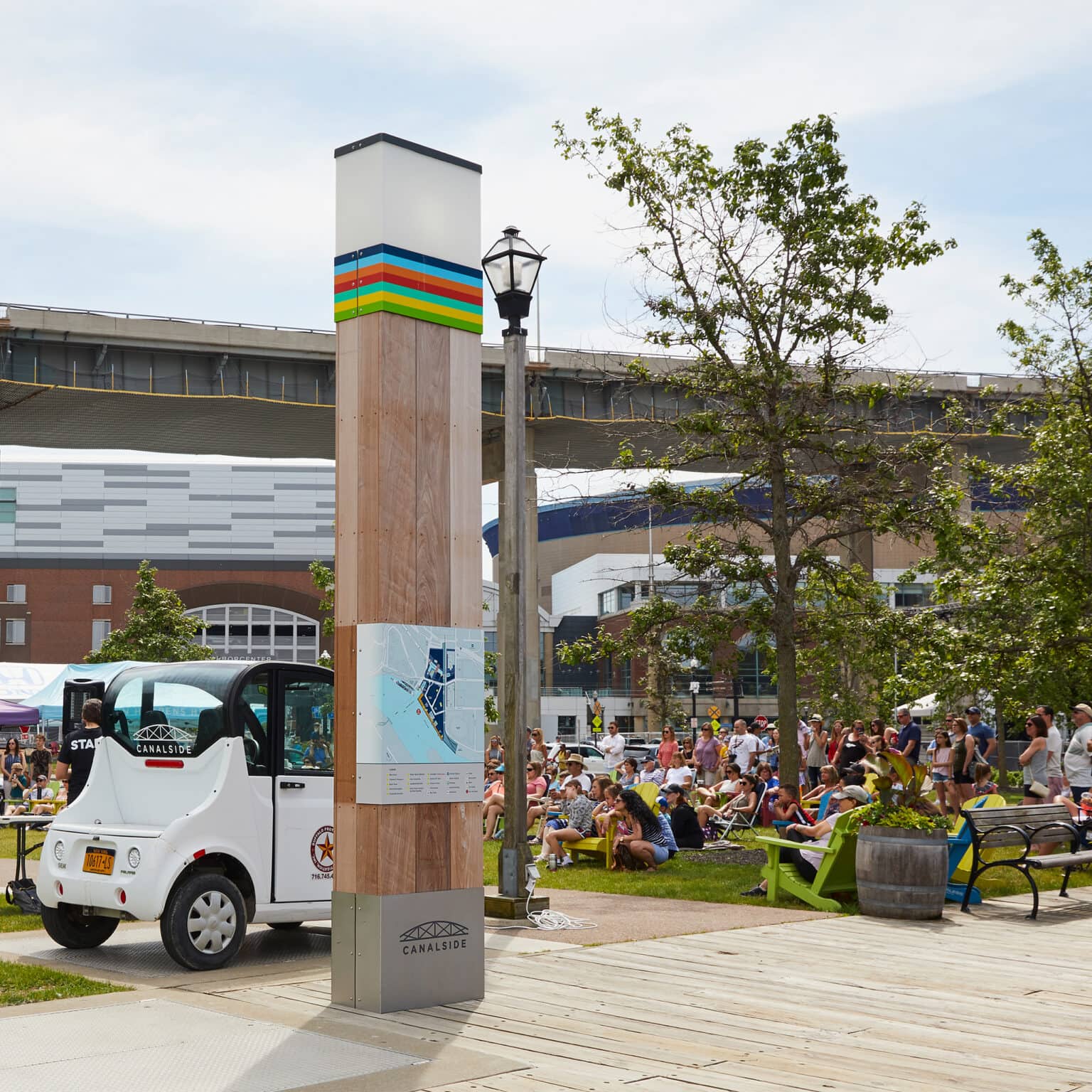 Canalside map totem sign in context: adjacent to an audience sitting on a lawn.
