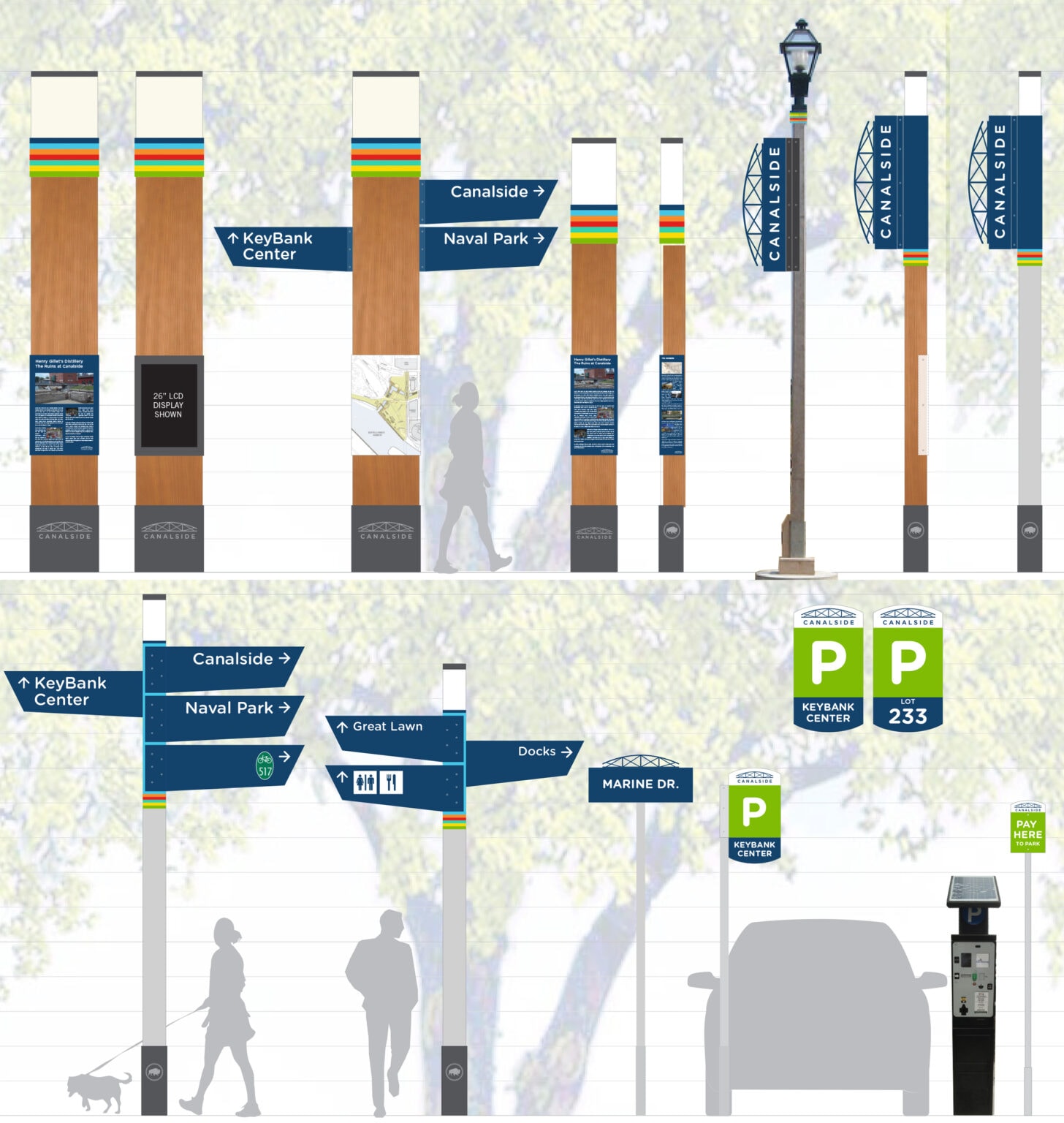 Artwork showing complete family of wayfinding signage.