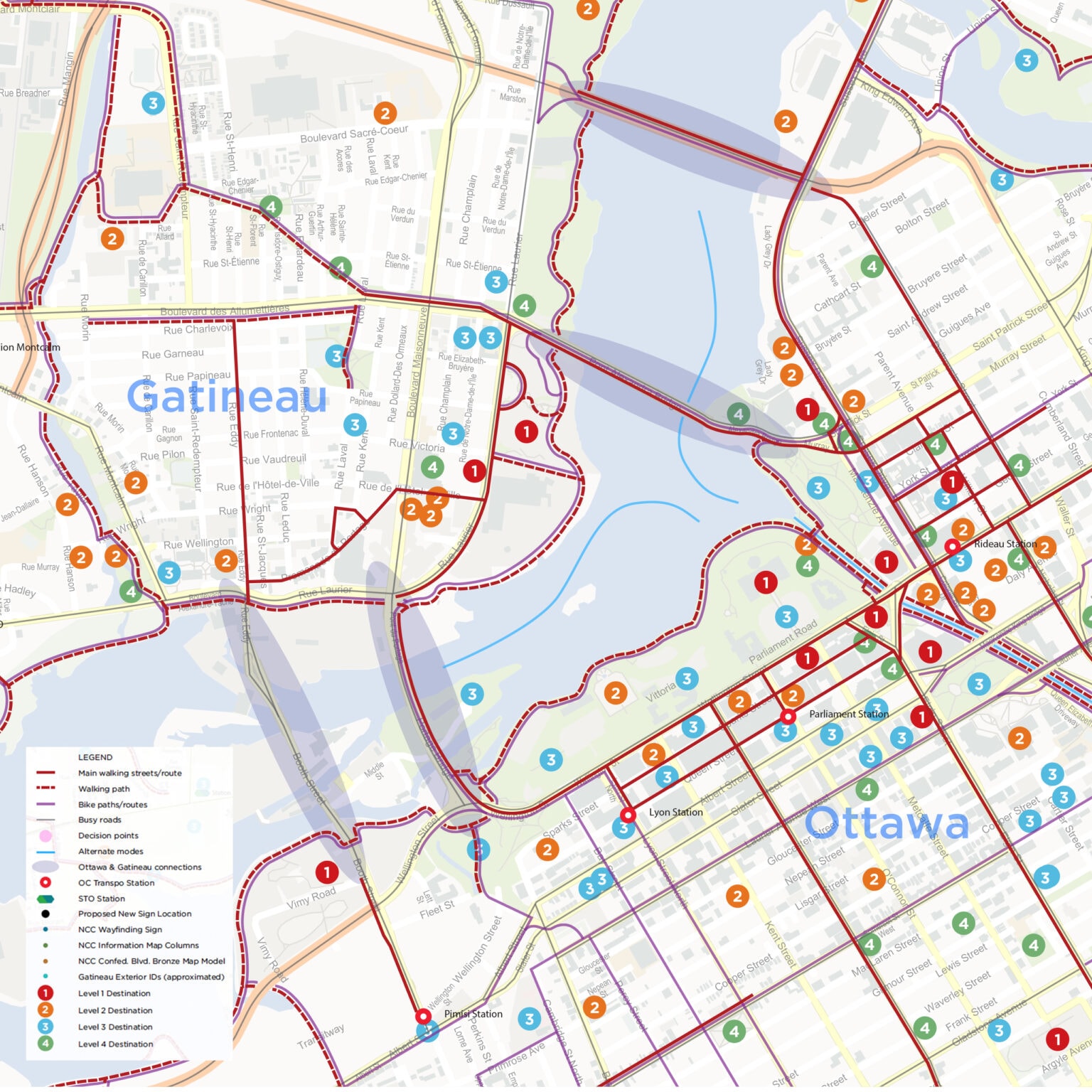 Map showing recommended locations for different sign types.