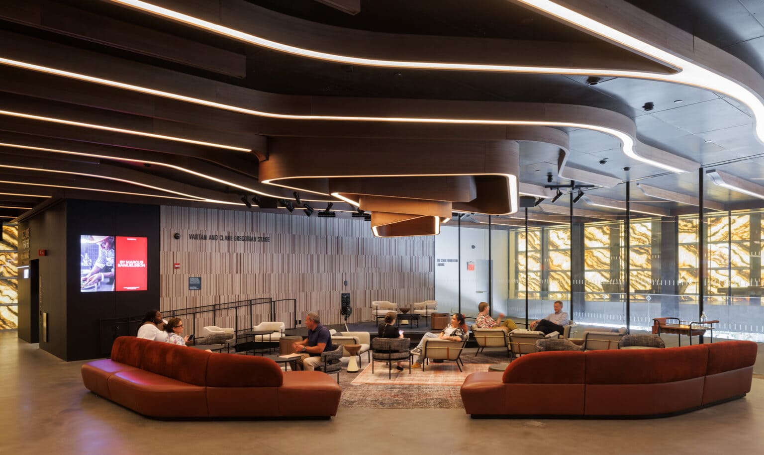 Perelman Performing Arts Center, Vartan and Clare Gregorian Stage on the Lobby Level with digital display. Interior design by Rockwell Group.