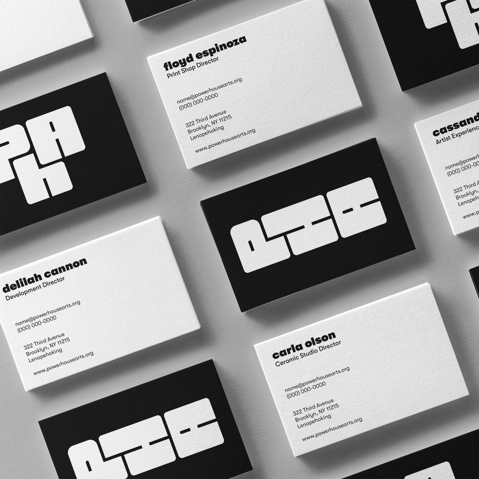 business cards displaying powerhouse arts branding