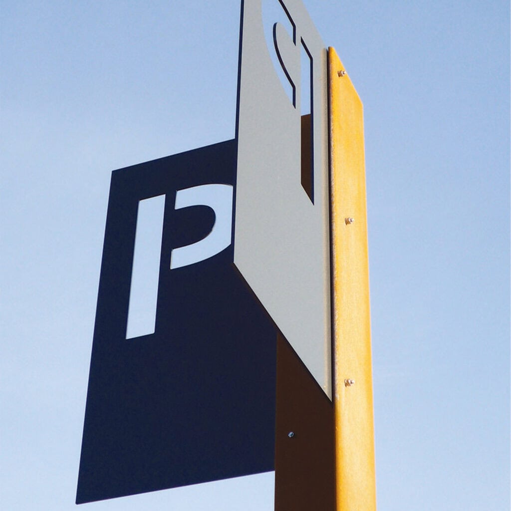 Prince Arthur's Landing parking sign detail, with perforated "P".
