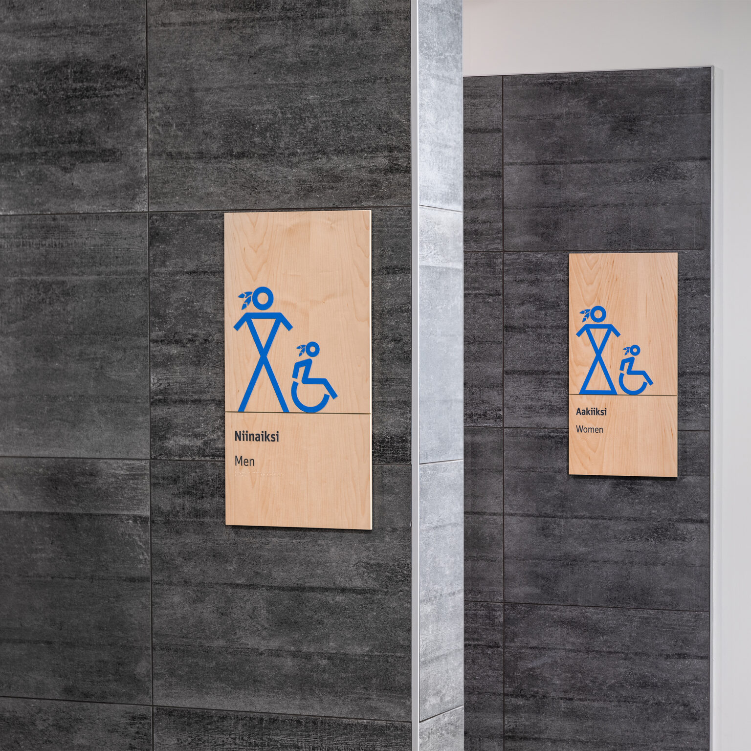 Washroom signage with custom pictos designed in collaboration with the client.