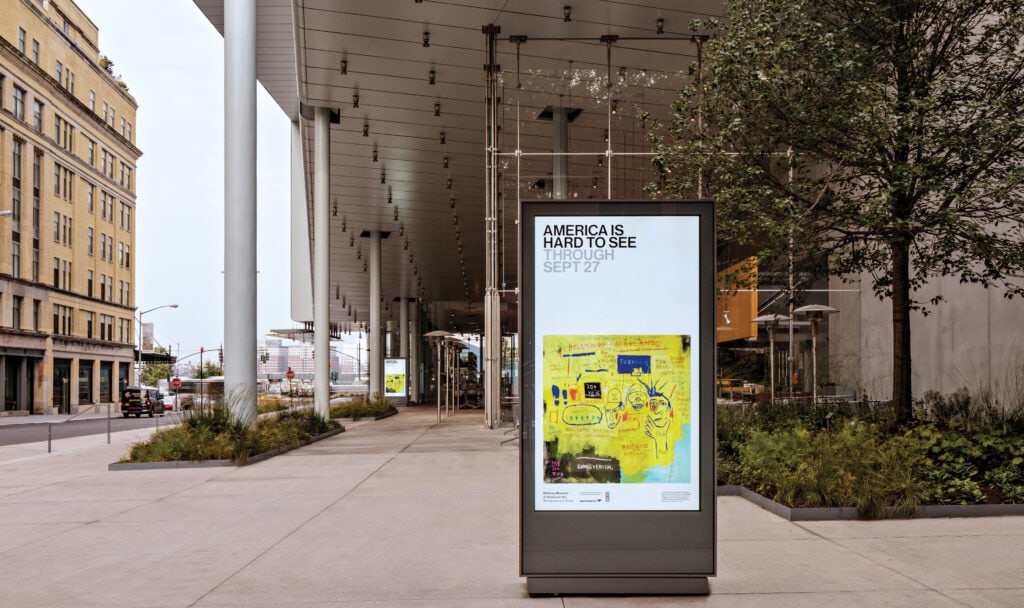 Freestanding digital sign at the Whitney's exterior entrance area.