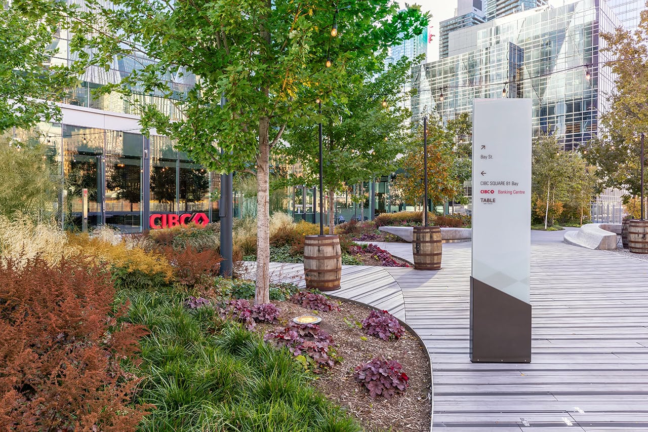 CIBC Square sky park with free standing directional sign.