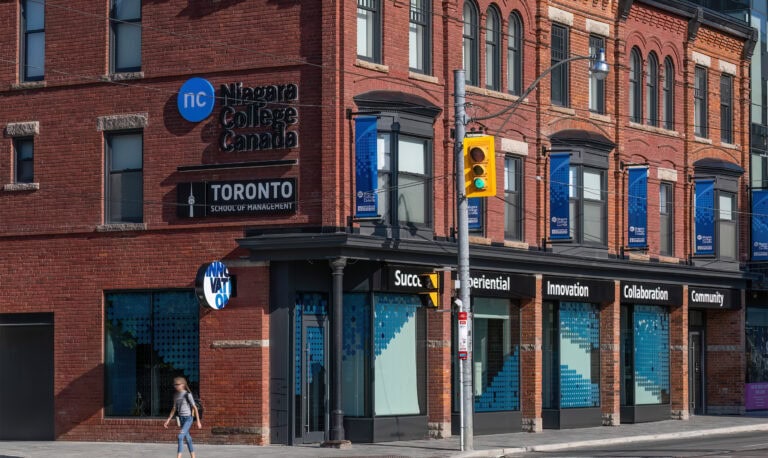 Niagara College – Toronto exterior building corner shot featuring co-branding with Niagara College and Toronto School of Management