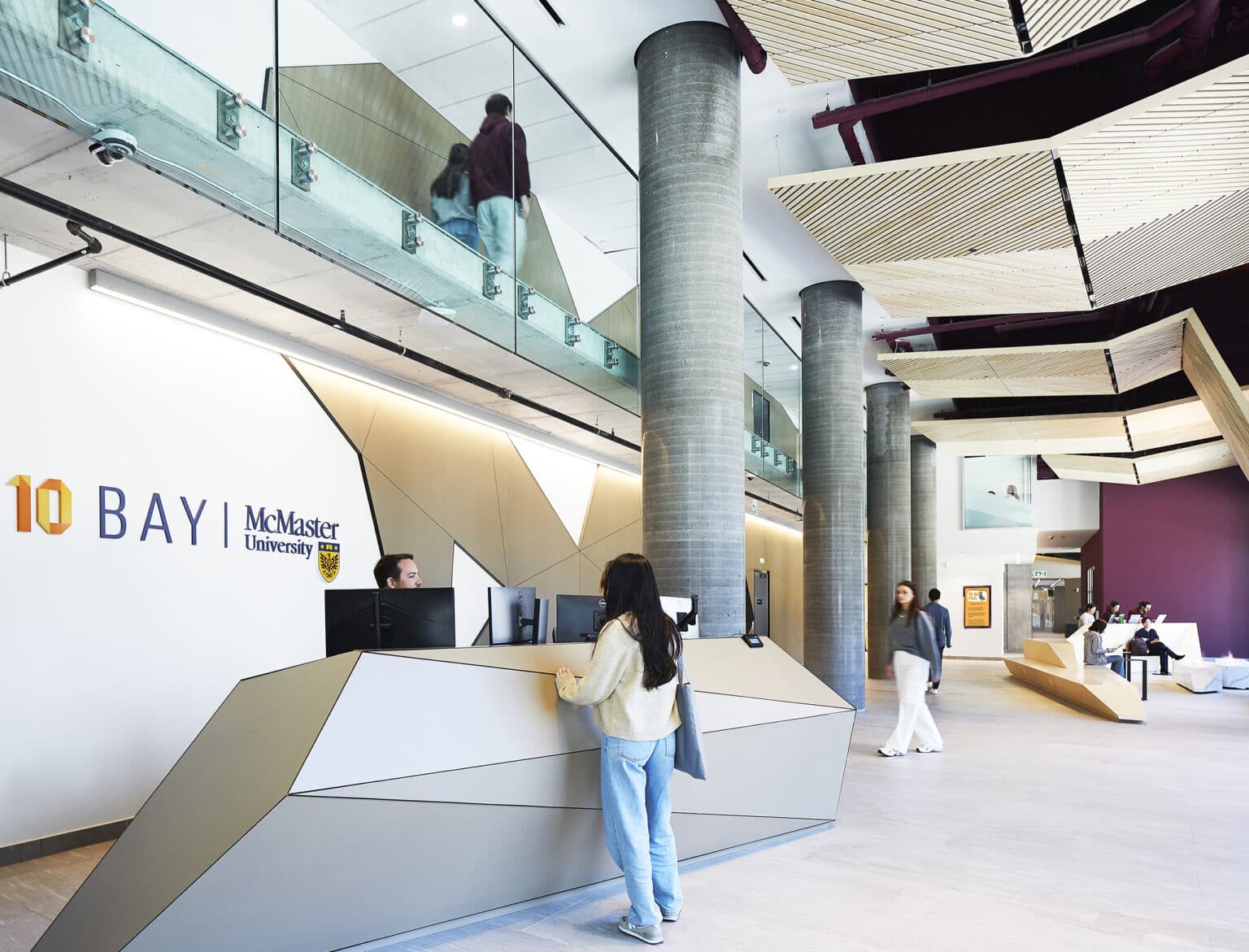 McMaster University 10 Bay Student Residence reception area/lobby with wall-mounted brand identity