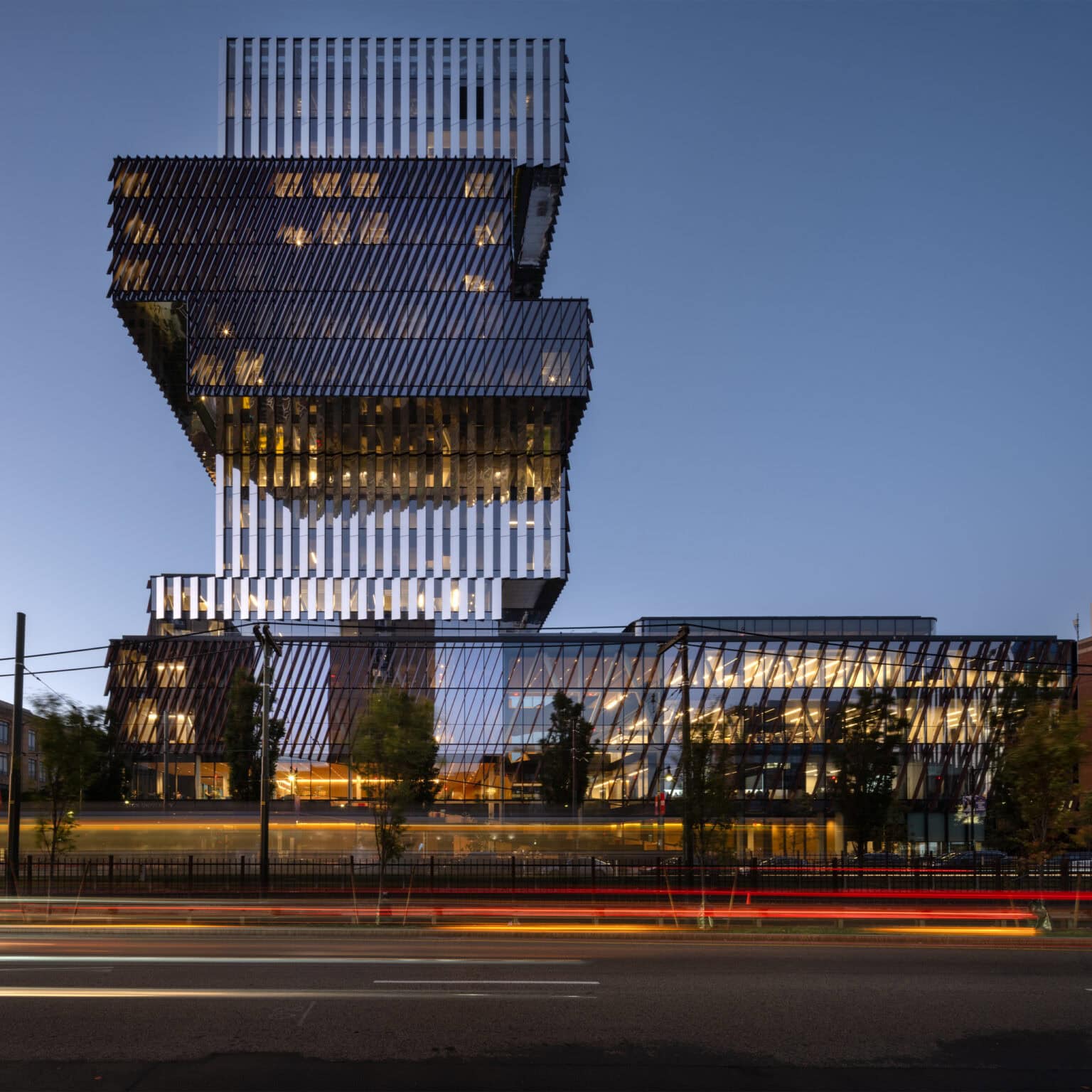 Center for Computing and Data Sciences exterior at dusk.