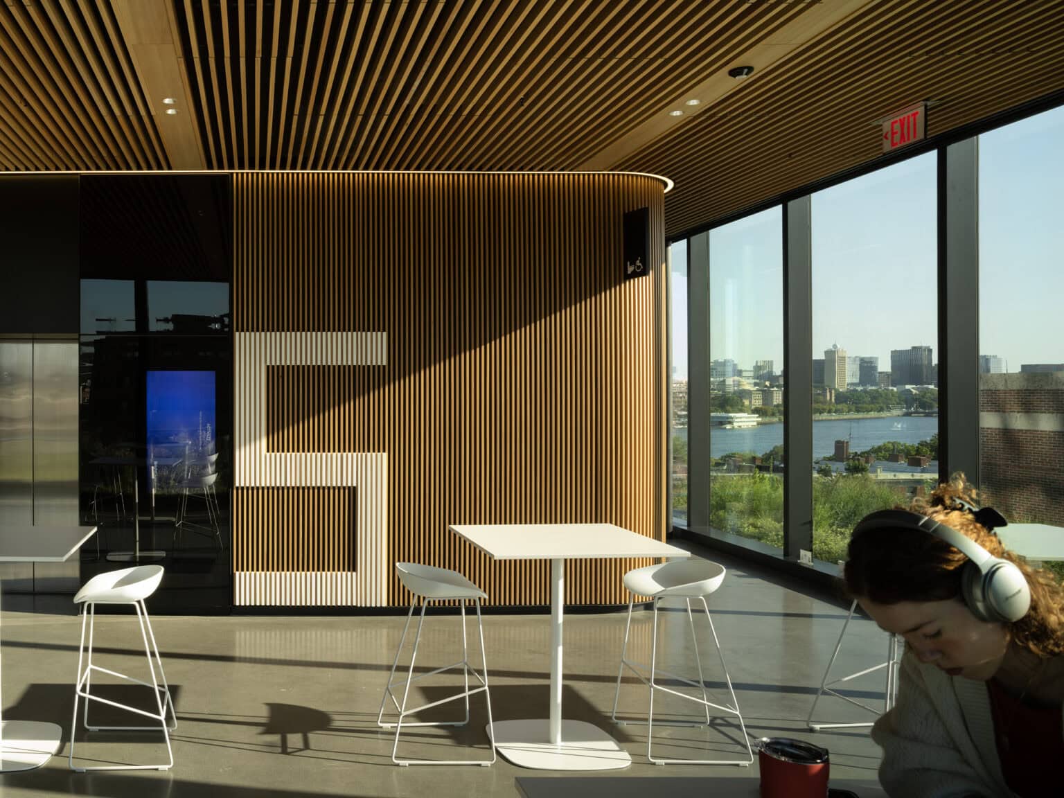 Center for Computing and Data Sciences interior elevator lobby with large level number 5 mounted on vertical wooden slats