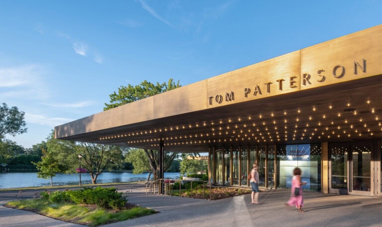 Tom Patterson Theatre marquee with building name in bronze.