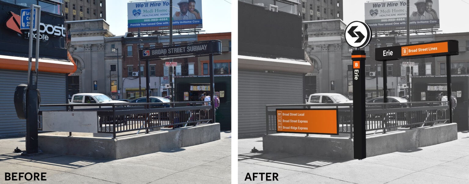 Before and after renderings showing the proposed new signage at a station entrance.