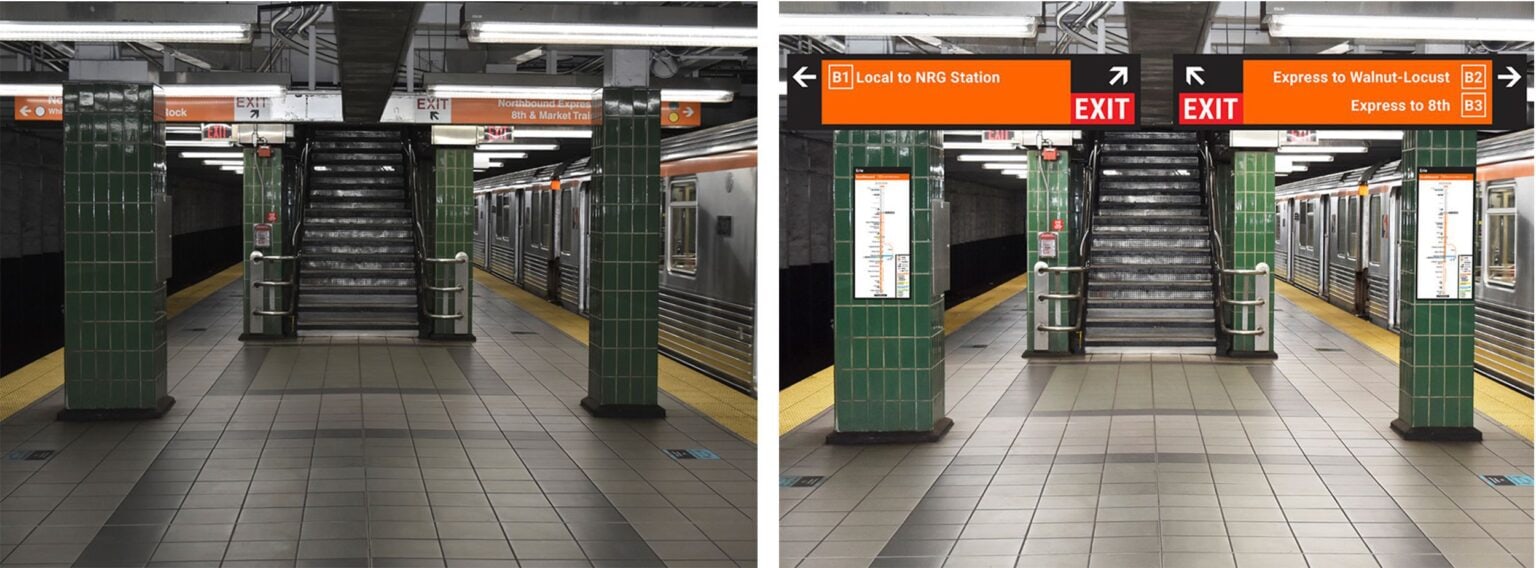 Before and after renderings showing the proposed new signage on a station platform.