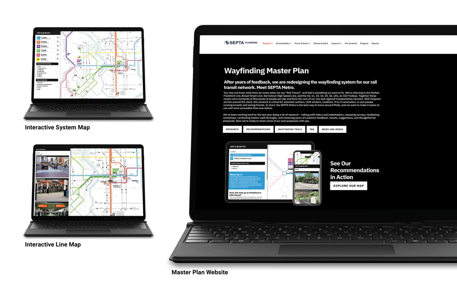 Computers displaying the SEPTA Master Plan Website and interactive system and line maps.