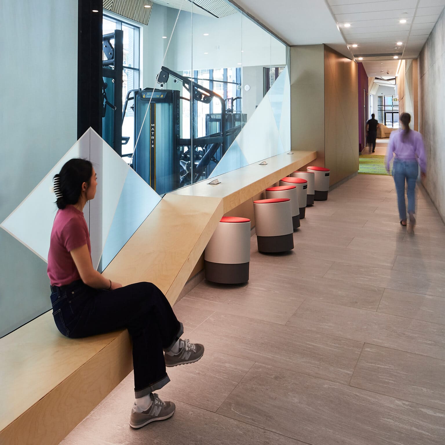 McMaster University 10 Bay Student Residence corridor featuring geometrical design on glass film.