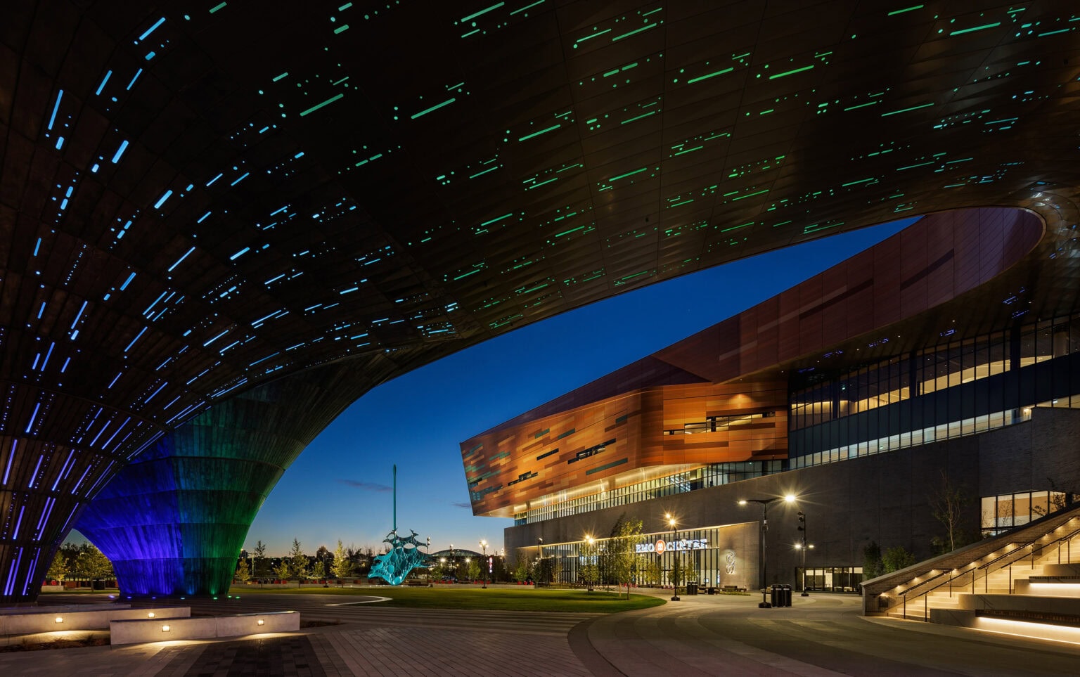 BMO Centre night time exterior with atmospheric lighting