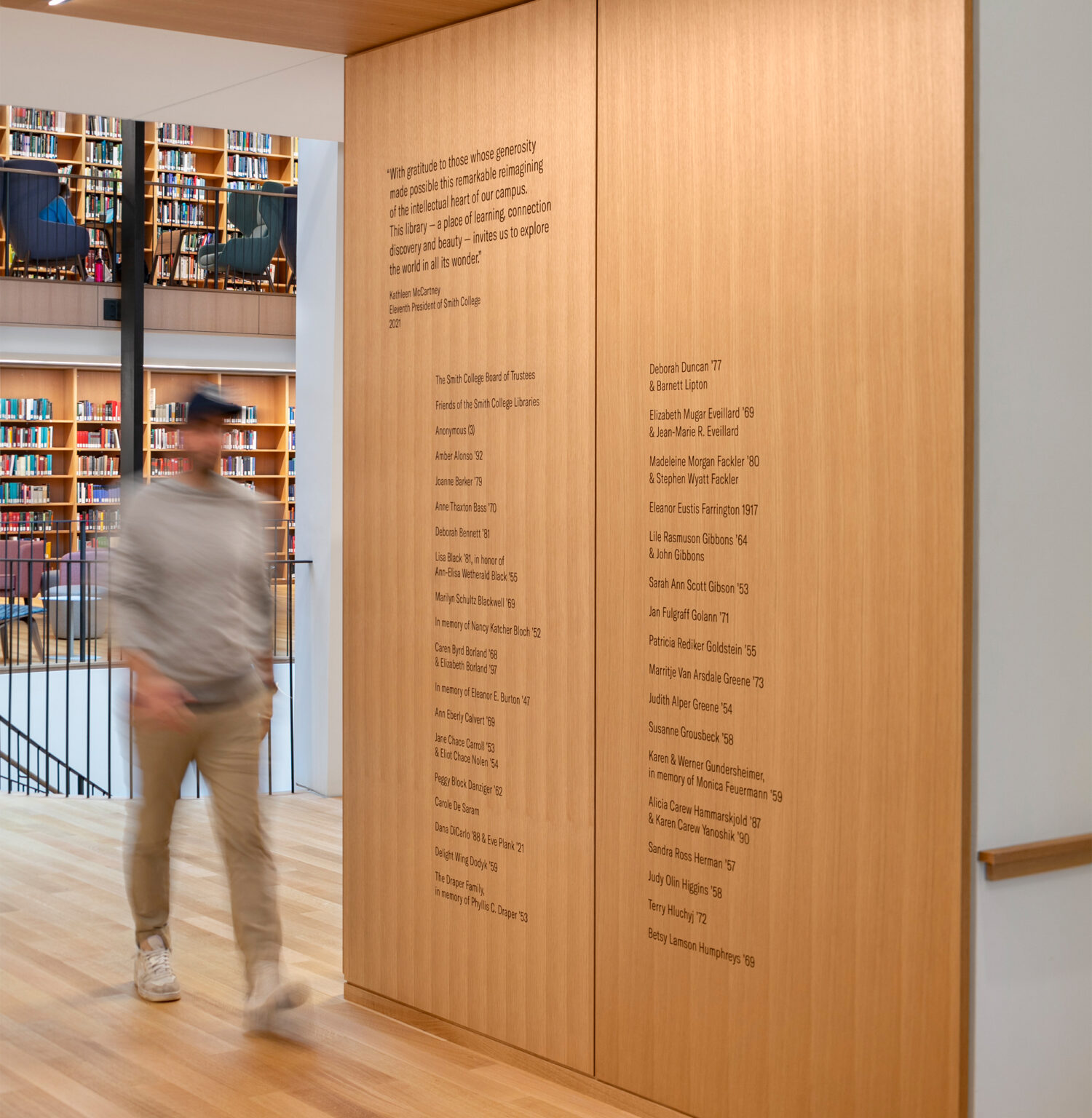 Neilson Library donor wall, black lettering on wood